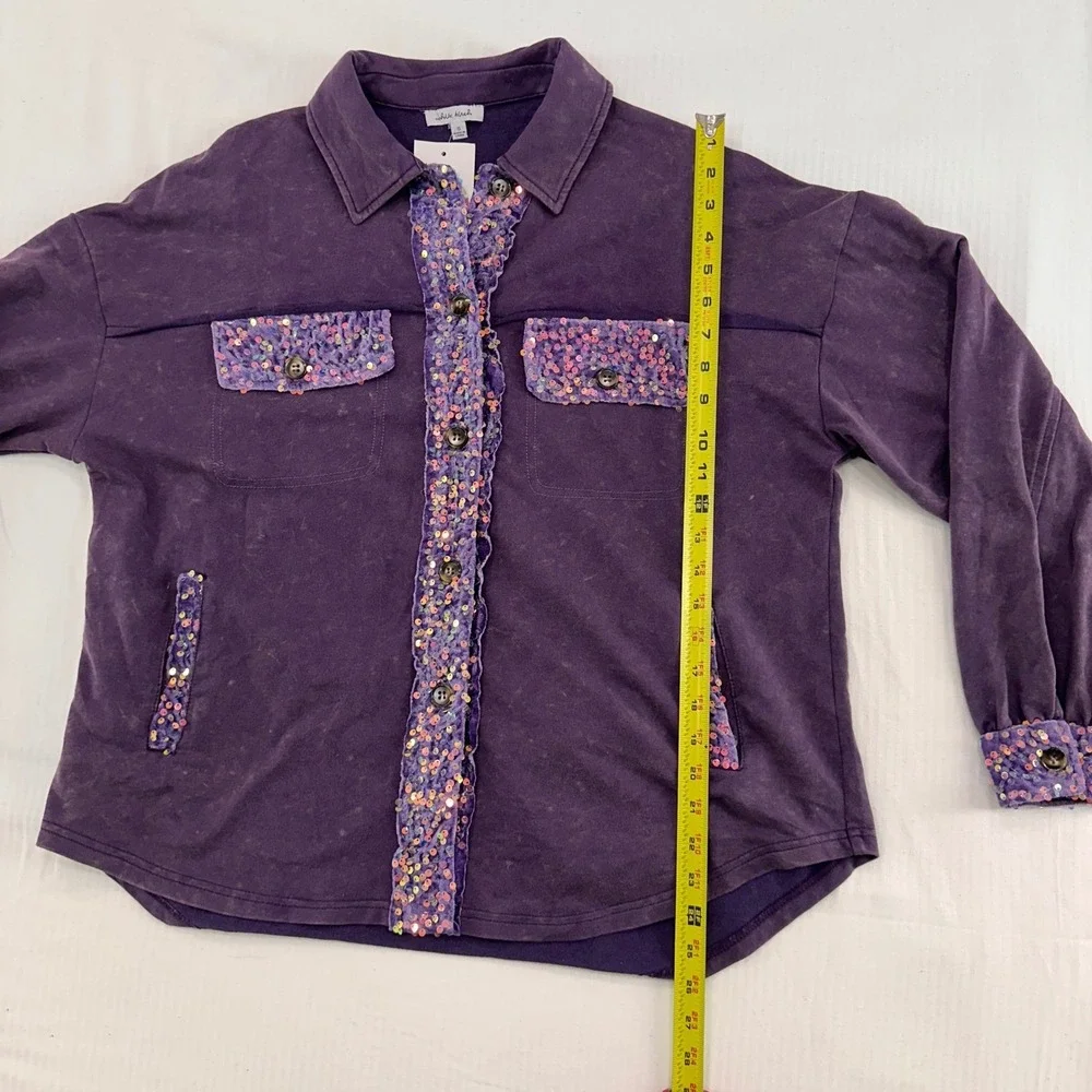 White Birch Sequin Trim Mineral Wash Shacket Womens Size S Purple Cotton Kidcore
